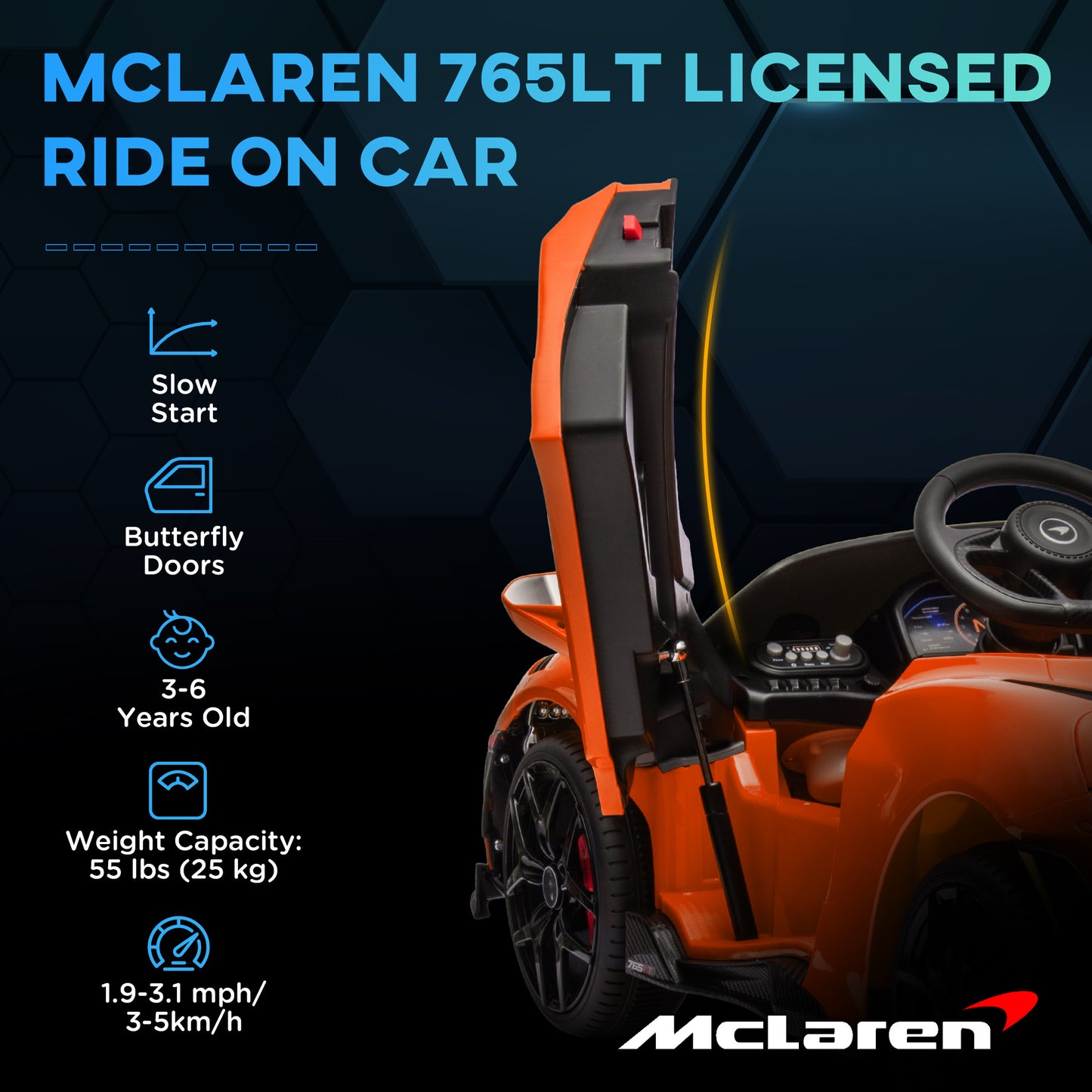 AIYAPLAY Licensed McLaren 765LT 12V Kids Electric Ride-On Car with Butterfly Doors and Remote Control - Orange