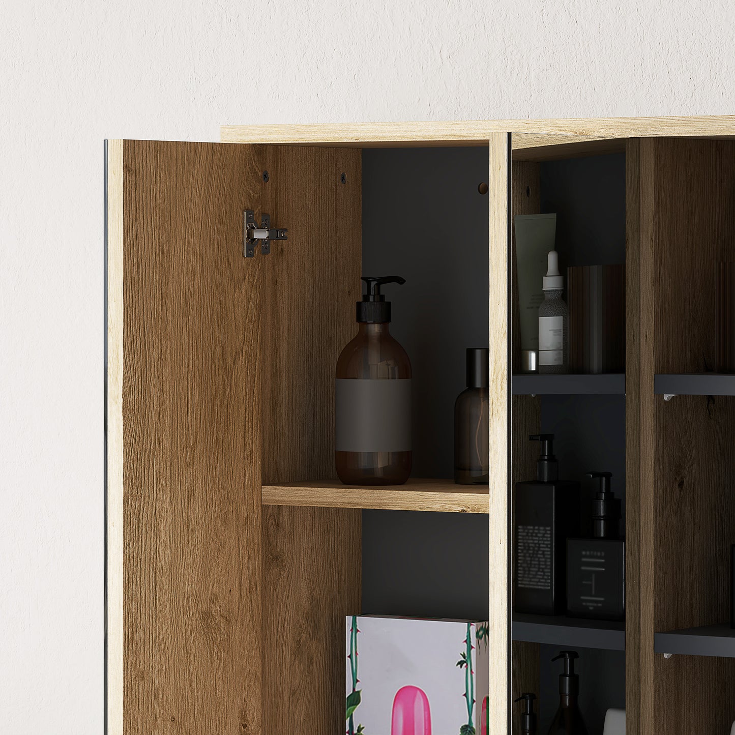 HOMCOM Five Shelf Mirrored Bathroom Cabinet Wood Effect Wall Mounted With Door Shelves And Outer Shelves