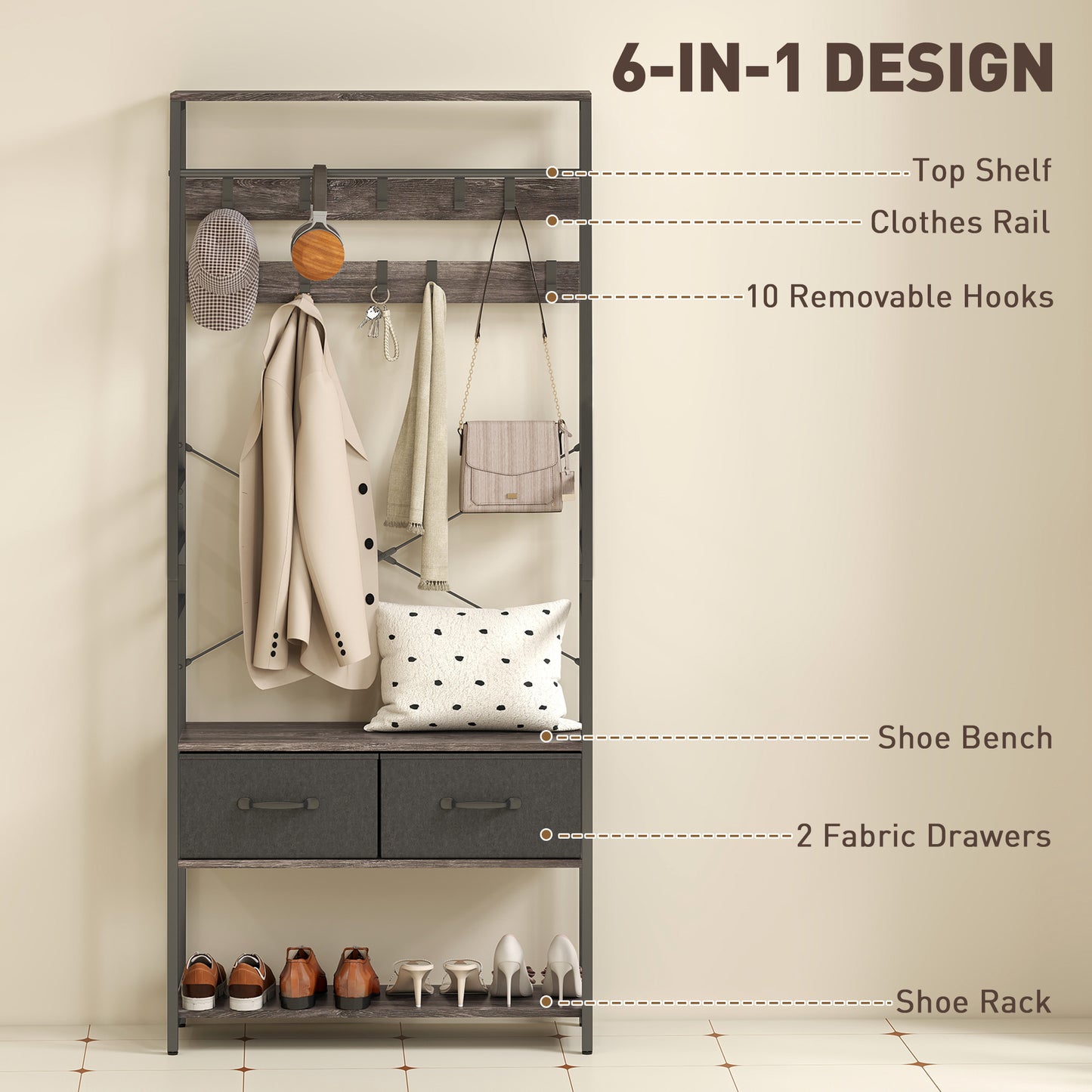 HOMCOM Hall Tree Coat Rack With Shoe Storage And Bench Industrial Organizer 10 Removable Hooks 2 Fabric Drawers Grey