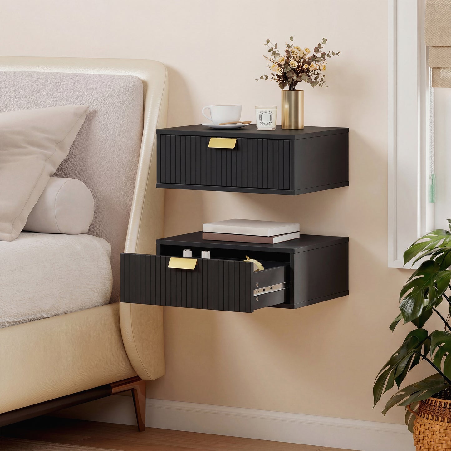 HOMCOM Modern Floating Nightstands Set Of 2 Wall Mounted Bedside Tables With Wave Drawer Black