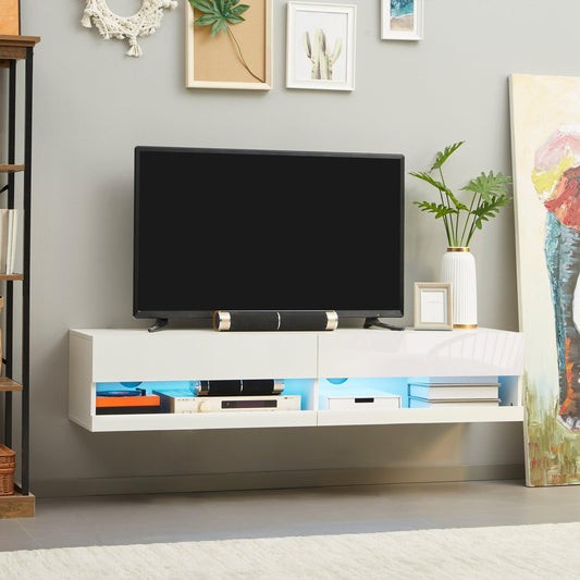 HOMCOM High Gloss TV Stand Unit Wall Mounted with Storage and LED Lights, White - ALL4U RETAILER LTD