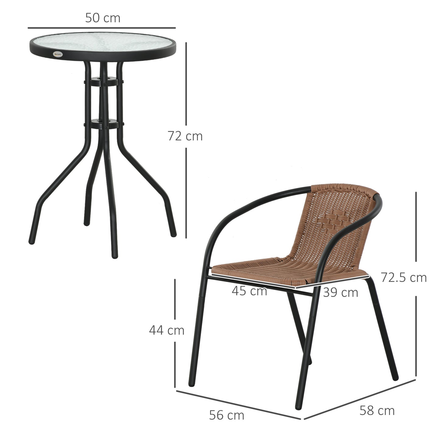 Outsunny 3 Piece Rattan Bistro Set Brown with Tempered Glass Table for Patio Garden Outdoor