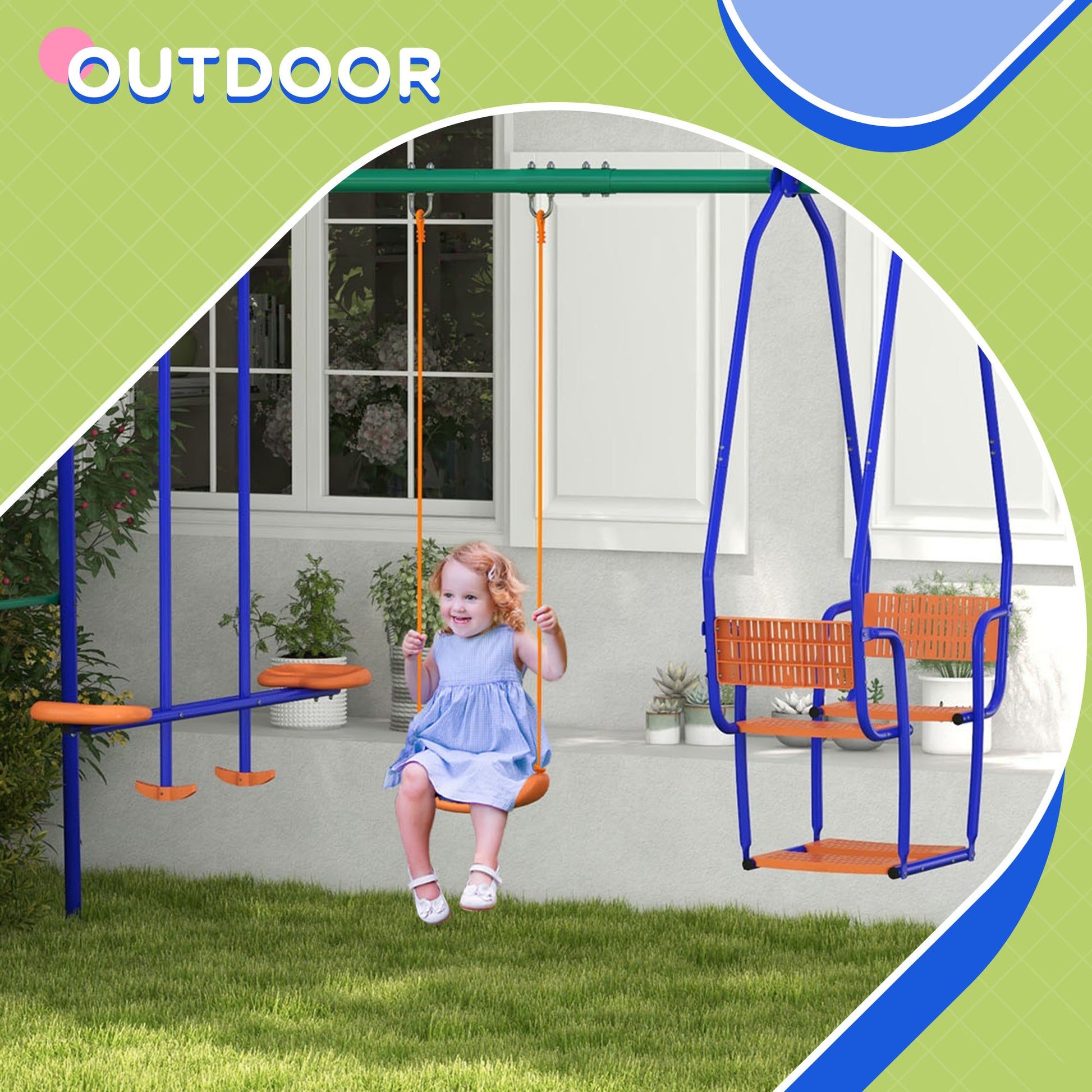 Outsunny 3-in-1 Colorful Metal Swing Set for Kids with Glider and Rocking Chair - ALL4U RETAILER LTD