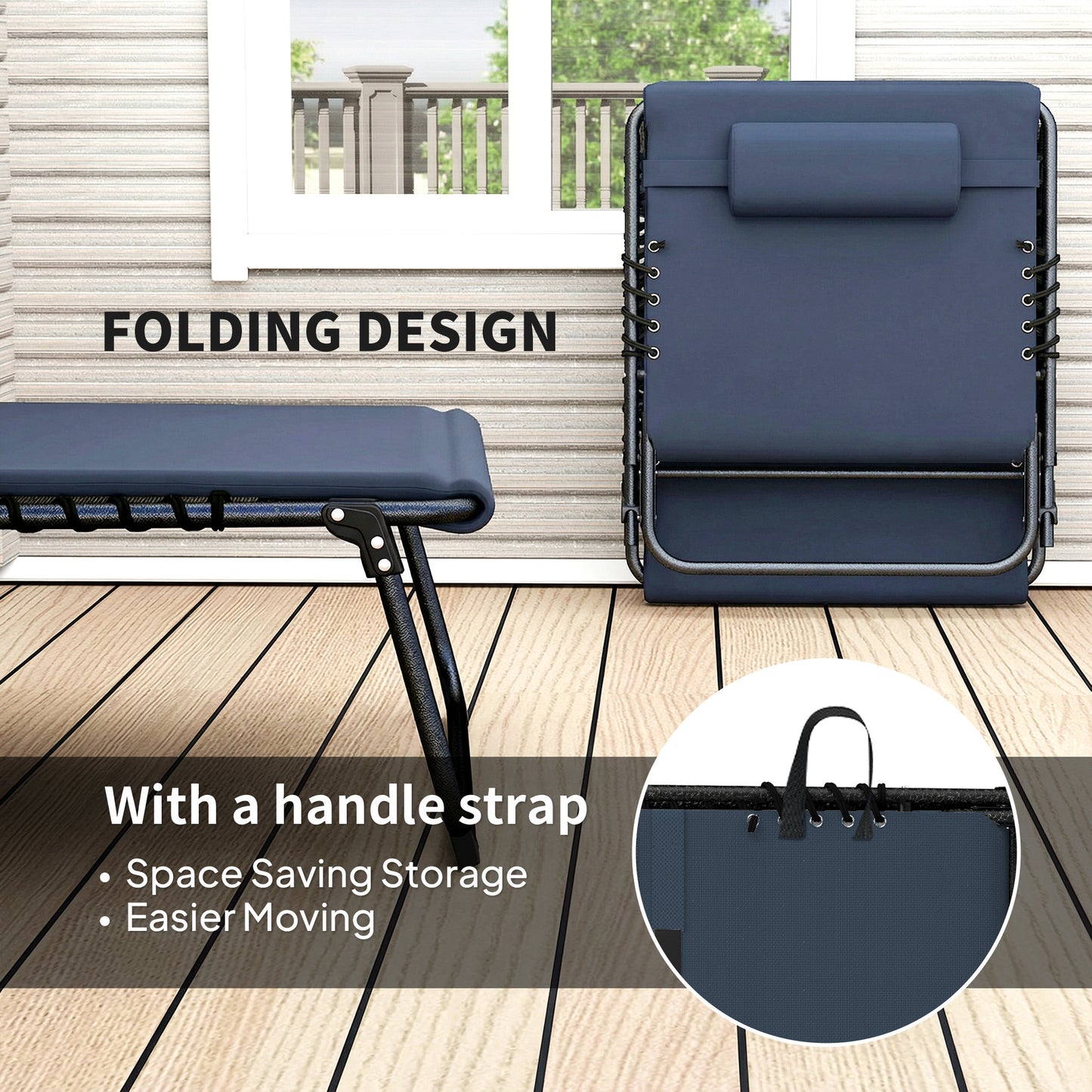 Outsunny Set Of Two Reclining Sun Loungers Dark Blue With Five Level Adjustable Backs And Side Pockets