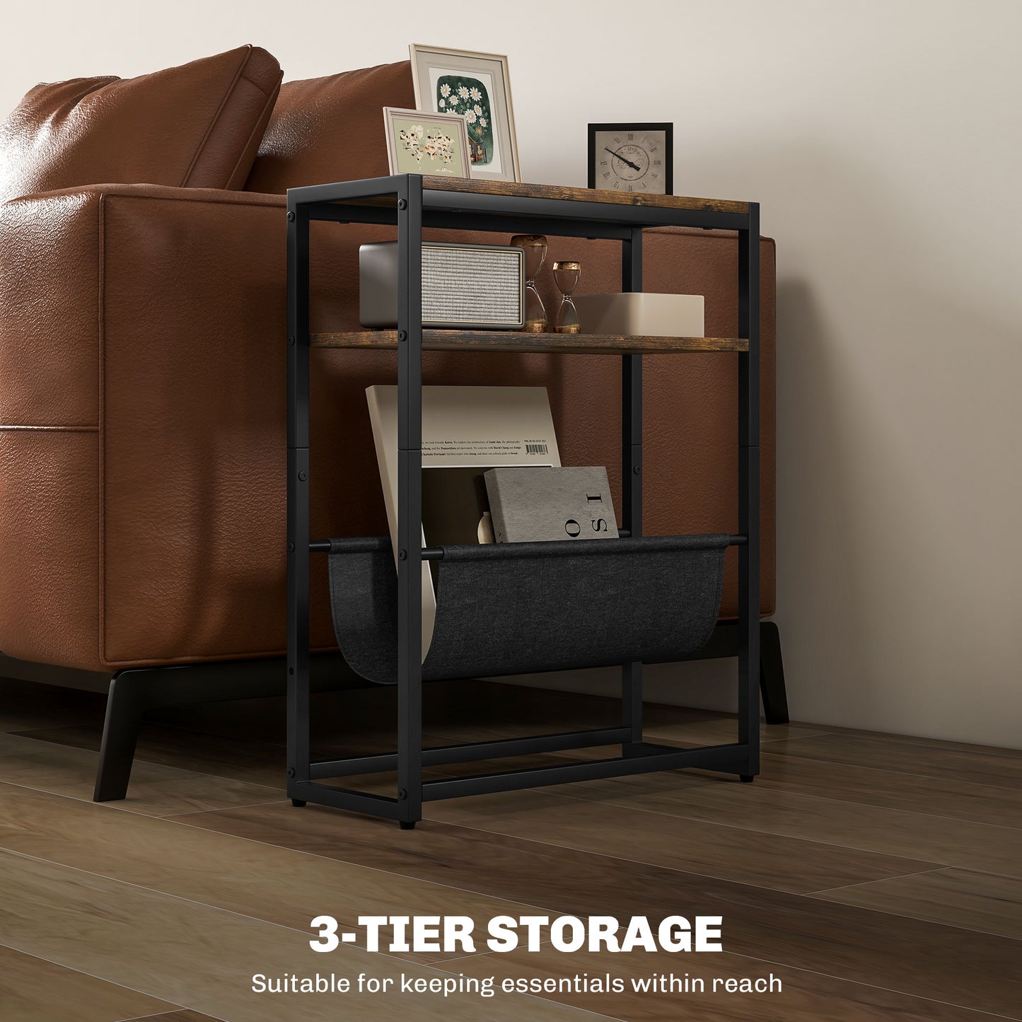 HOMCOM Narrow Side Table End Table With 3 Tier Storage And V Shaped Magazine Holder For Living Room Or Bedroom