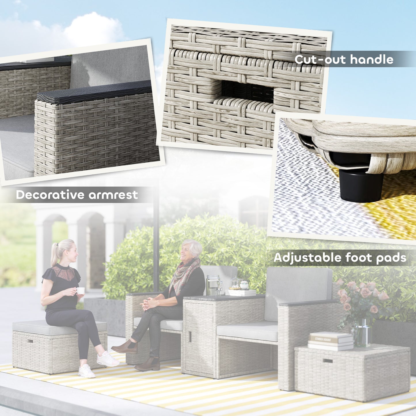 Outsunny Five Piece Rattan Garden Furniture Set With Storage Table Cushions And Two Chairs And Footstools Grey