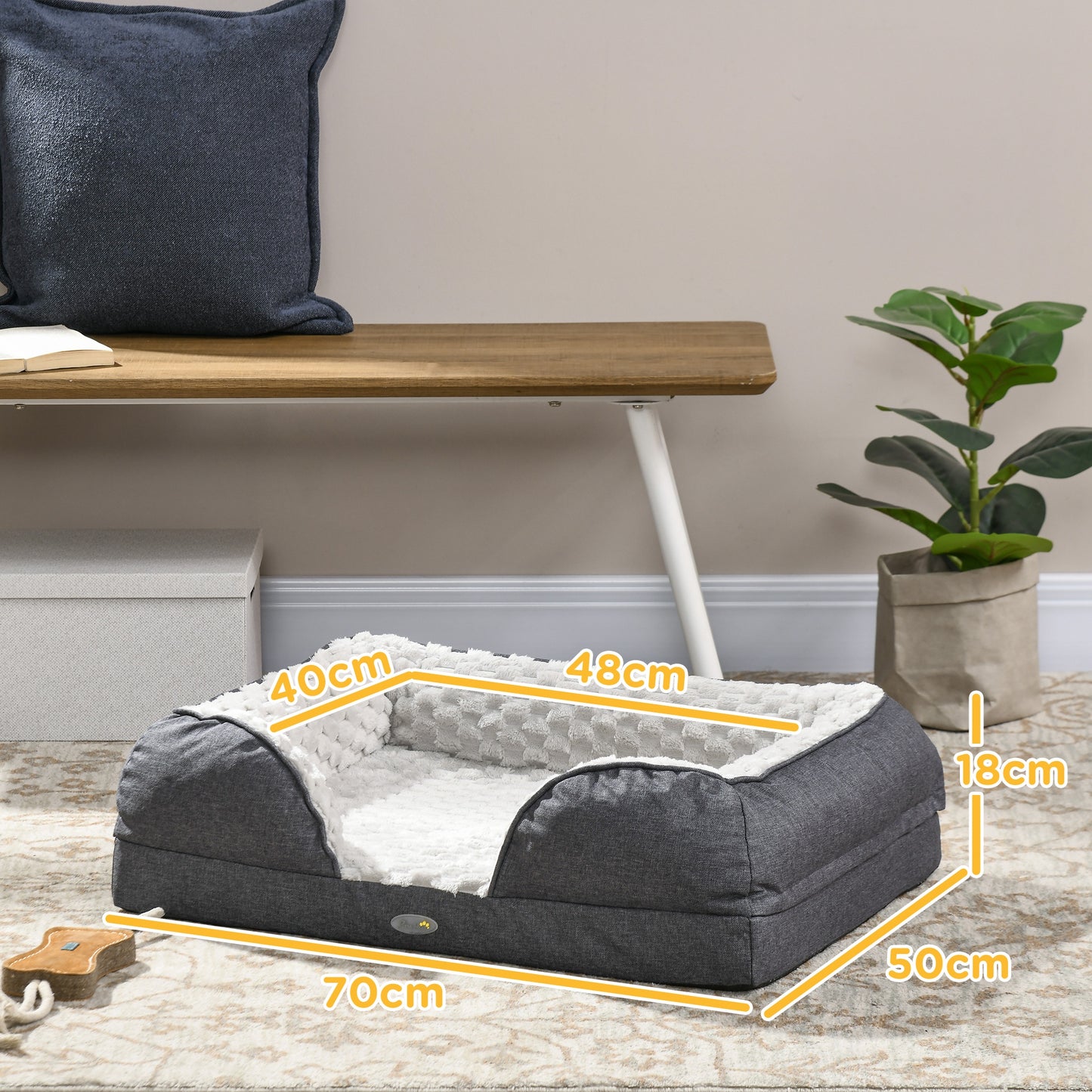 PawHut Cozy Charcoal Grey Dog Bed with Removable Cover, Anti-Slip Base for Small Pets - 70L x 50W x 18Hcm - ALL4U RETAILER LTD