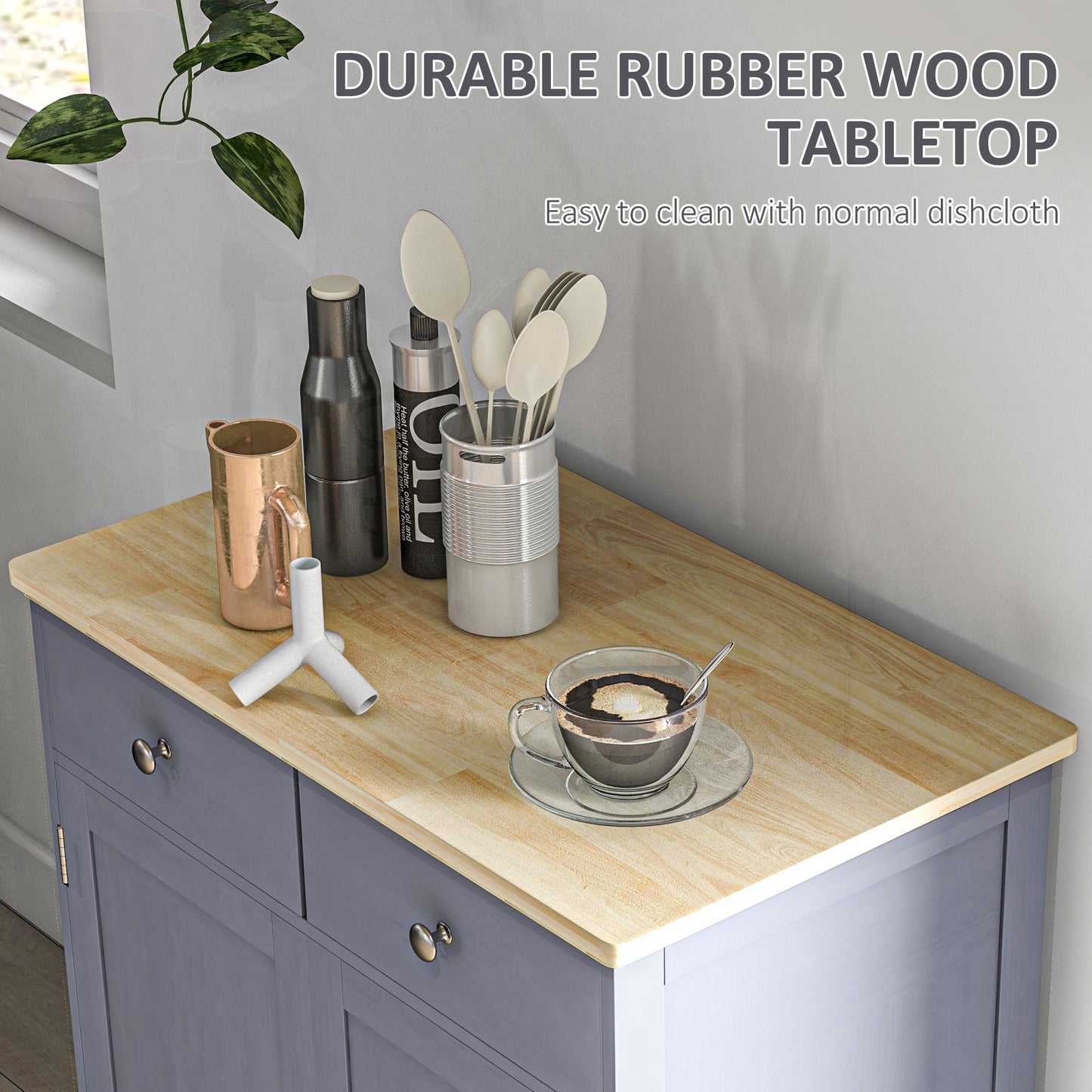 HOMCOM Side Storage Sideboard Table Kitchen Floor Cabinet With Solid Wood Top Drawer And Adjustable Shelf Grey