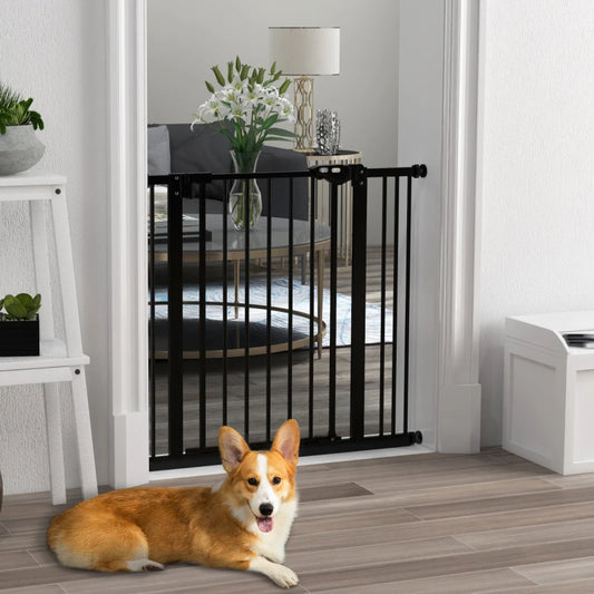 PawHut Metal Adjustable Dog Gate - Black, Expandable 74-87cm Width, Pet Safety Barrier