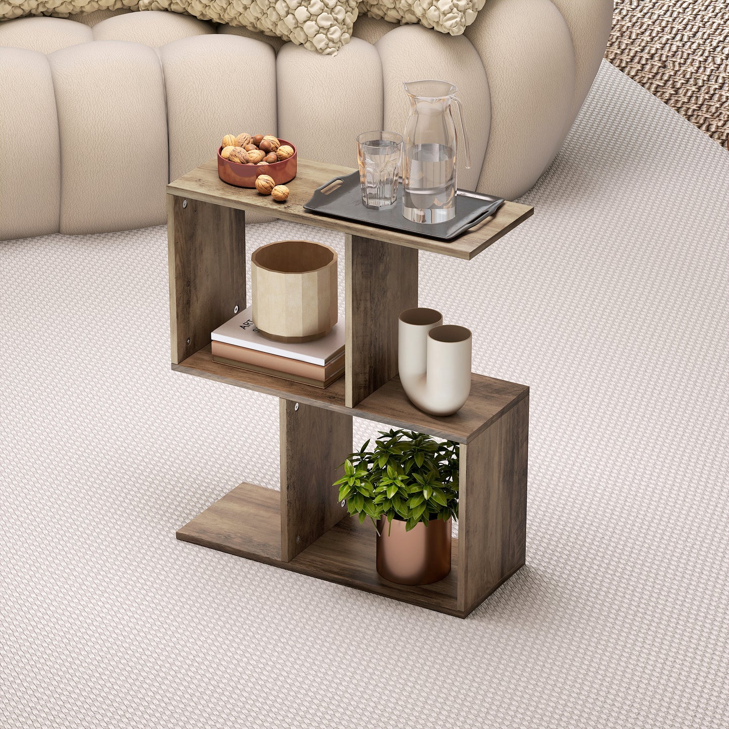 HOMCOM Narrow End Table With Storage Shelves S Shaped 3 Tier Oak Finish 50W X 19.5D X 58H Cm