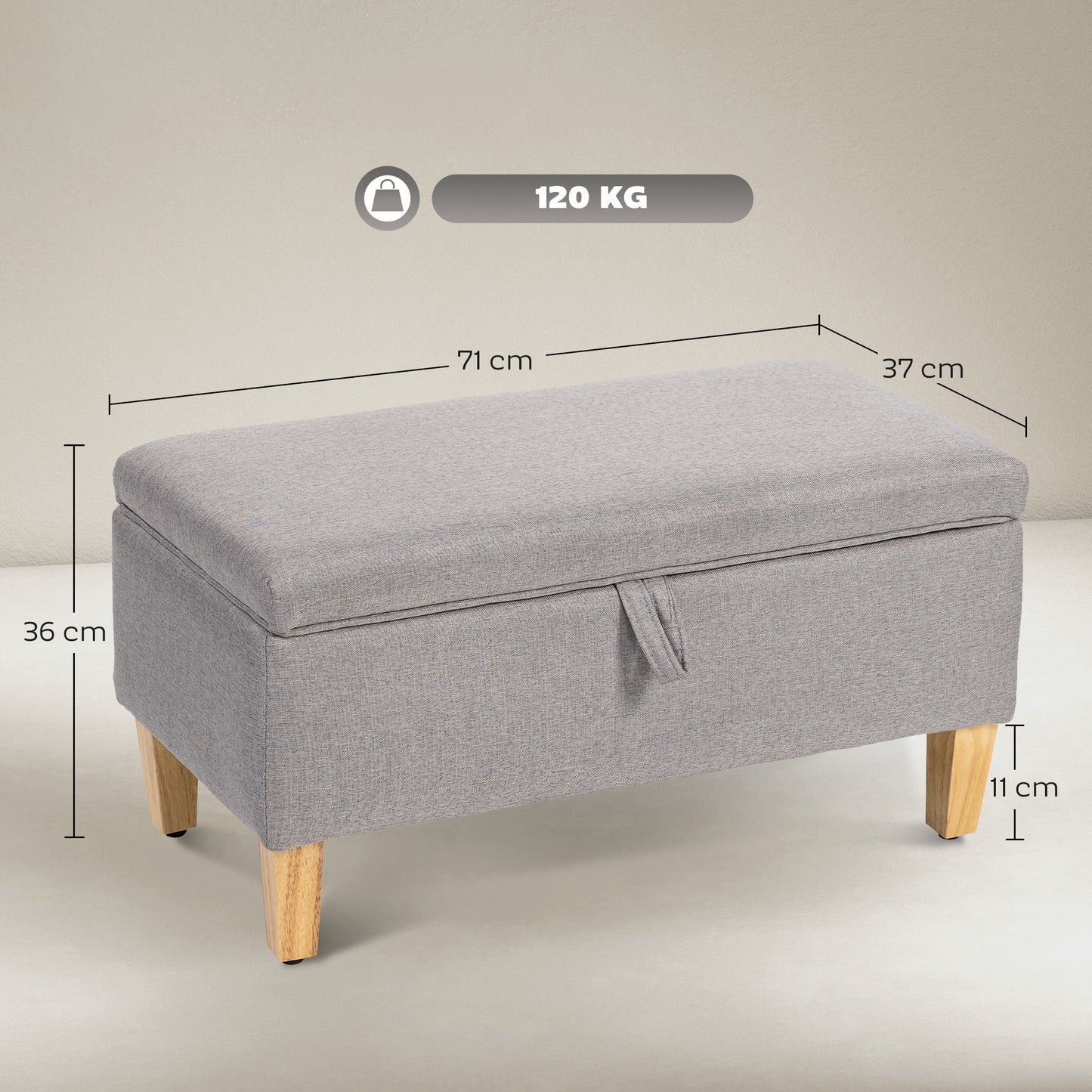 HOMCOM 30L Linen Storage Ottoman Padded Footstool With Rubberwood Legs Storage Box Bed End Shoe Bench Seating Light Grey