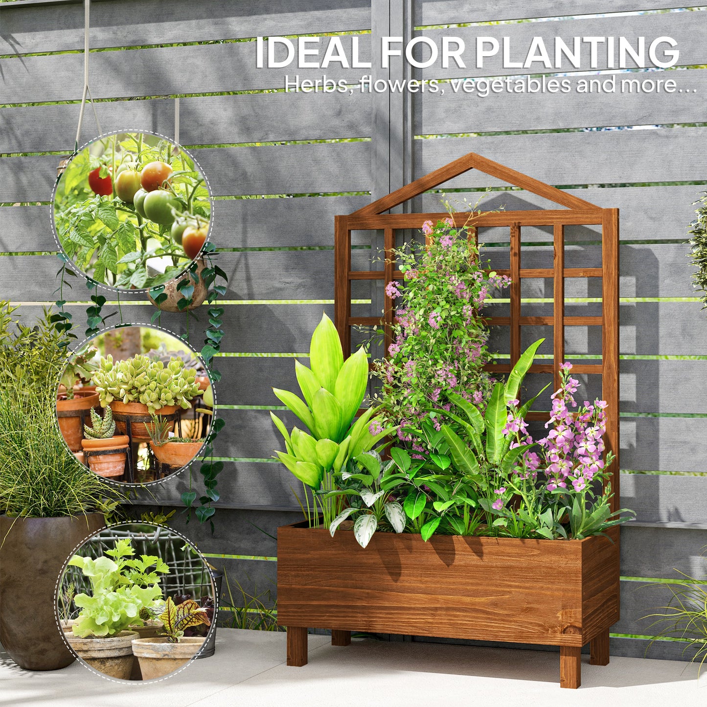 Outsunny Garden Planter With Trellis For Vines Distressed Wooden Raised Bed 90x43x150cm Brown Outdoor