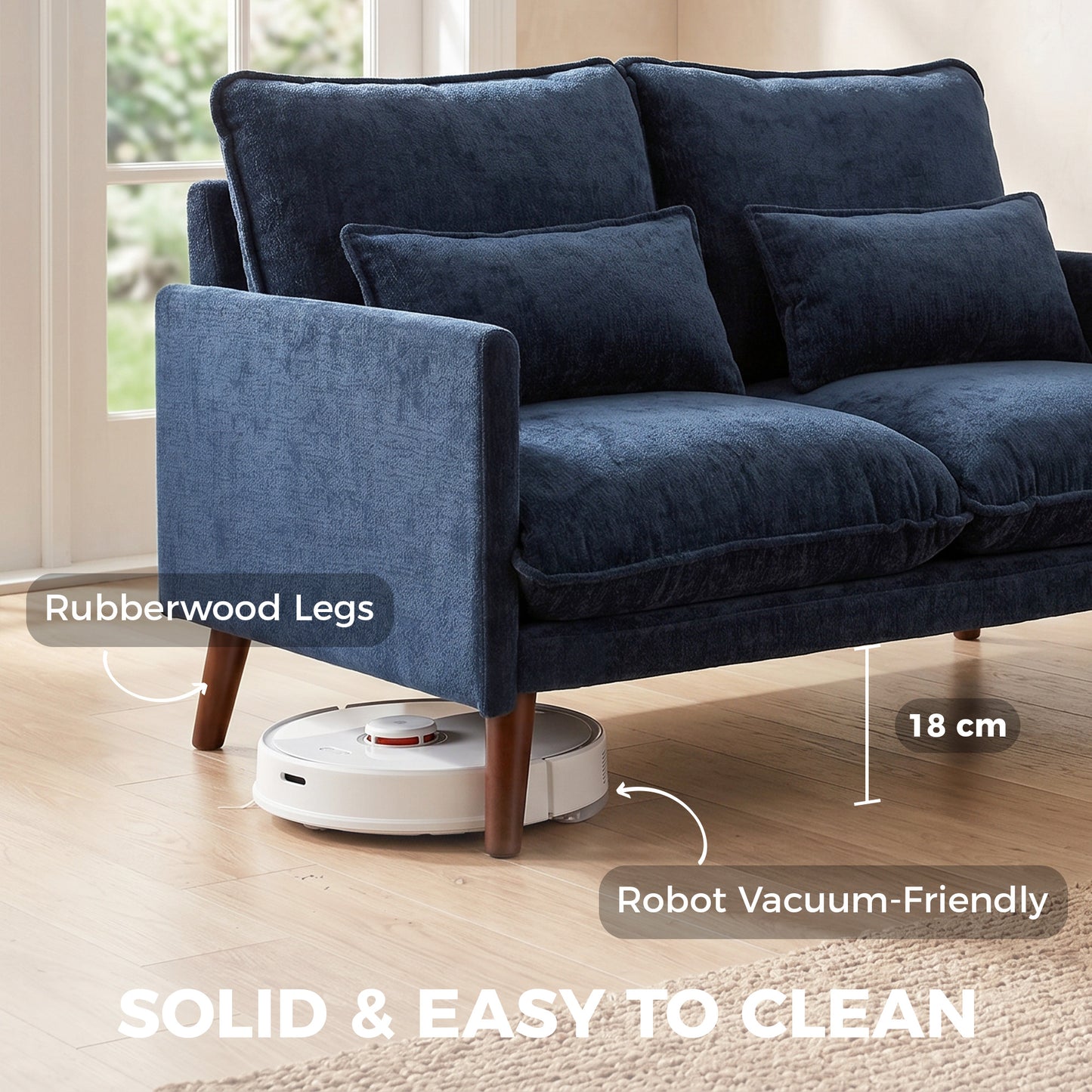 HOMCOM 2 Seater Sofa With Spring Cushions Wide And Deep Seat Wood Legs Blue Compact 131 Cm Footprint For Small Flats
