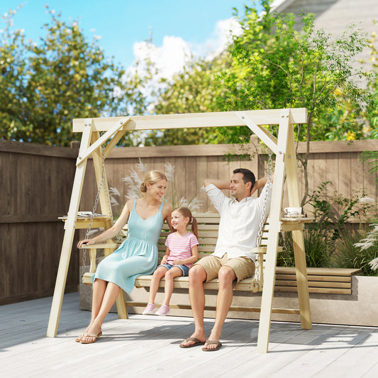 Outsunny Three Seater Wooden Swing Bench With Side Tables For Outdoor Garden Patio Furniture