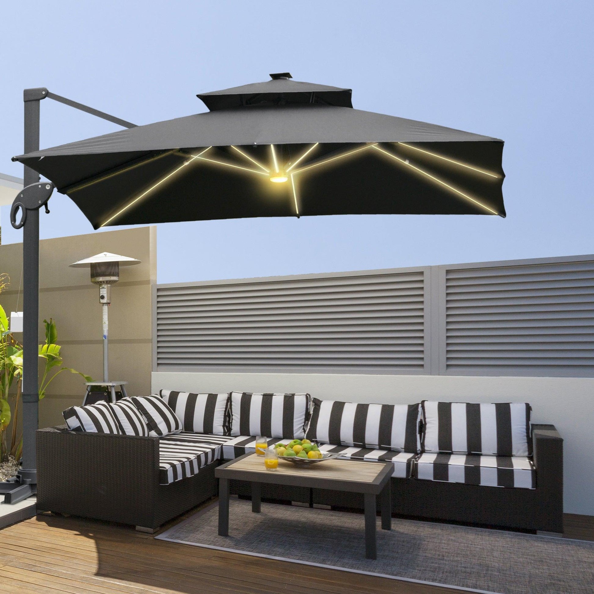 Outsunny 3x3m Cantilever Roma Parasol with LED Solar Light - Dark Gray - ALL4U RETAILER LTD