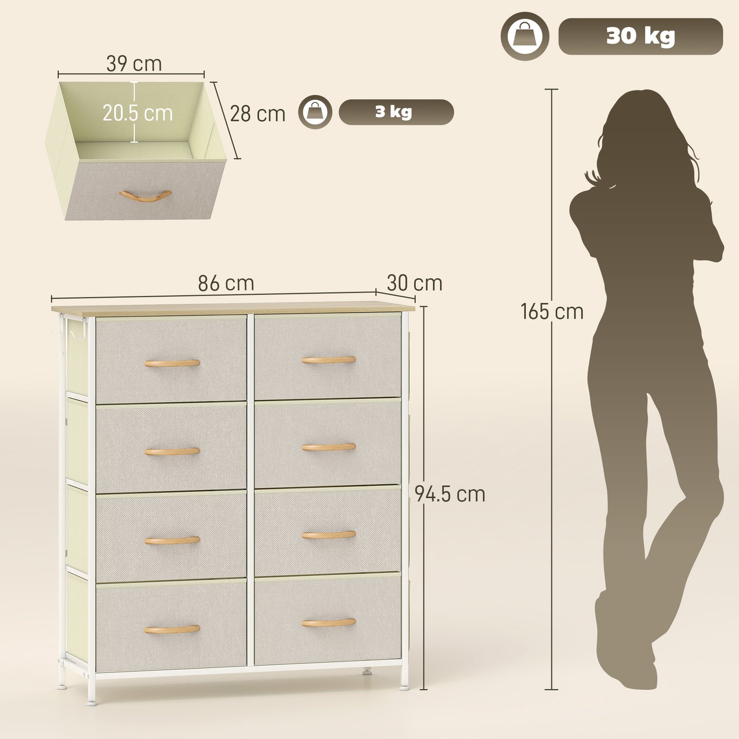 HOMCOM Chest Of Eight Fabric Drawers Beige With Steel X Frame And Four Side Pockets And Two Hooks