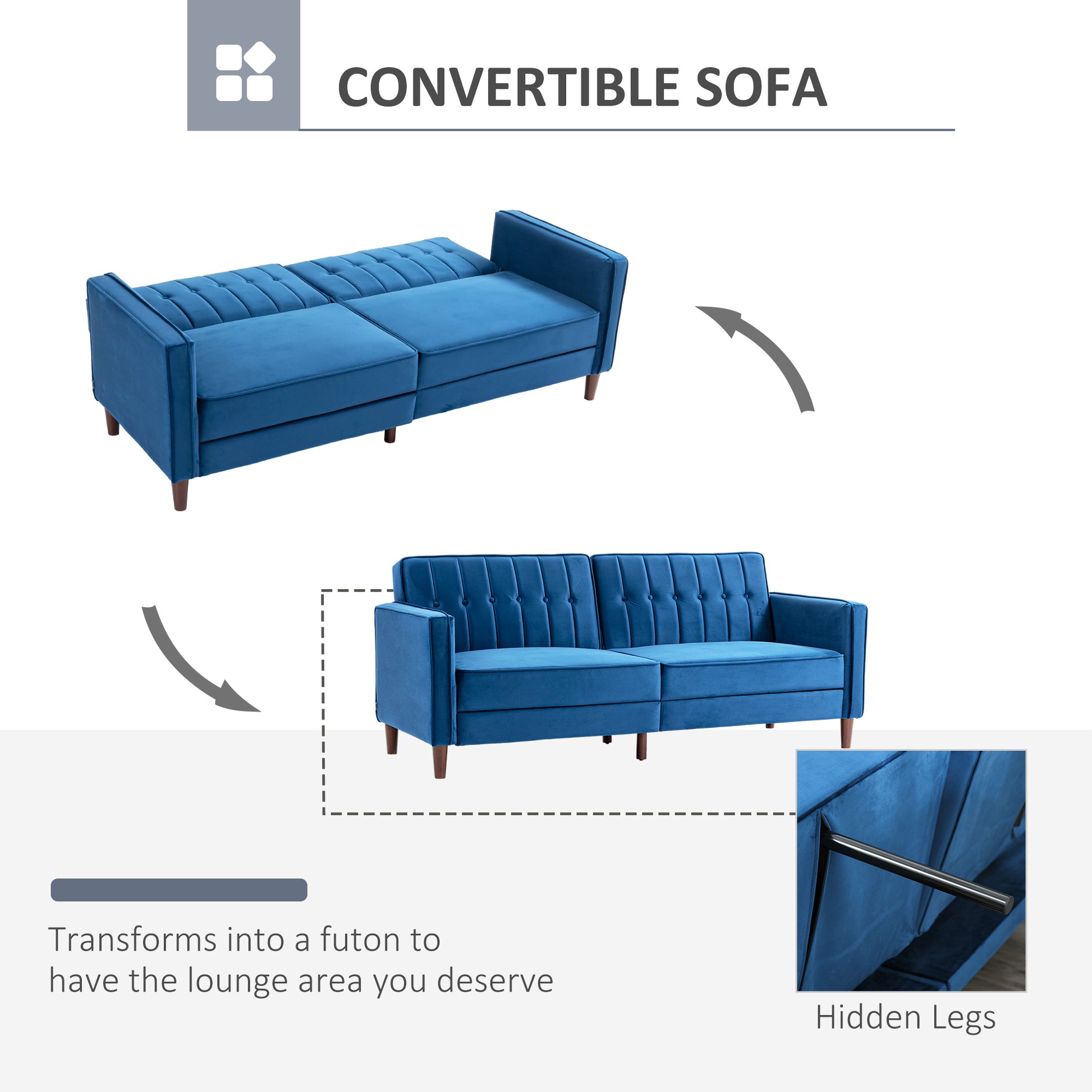 HOMCOM Stylish Convertible Sofa Bed with Velvet Finish and Adjustable Backrest, Compact Loveseat in Blue - ALL4U RETAILER LTD