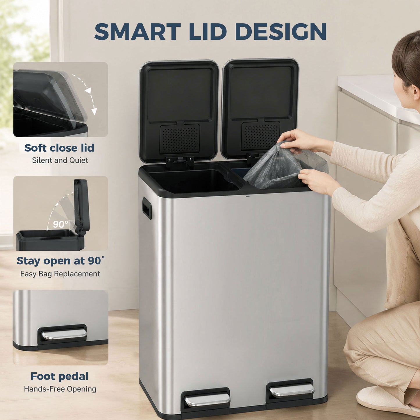 Homcom Dual Compartment Kitchen Waste Bin 60L Stainless Steel Pedal Soft Close