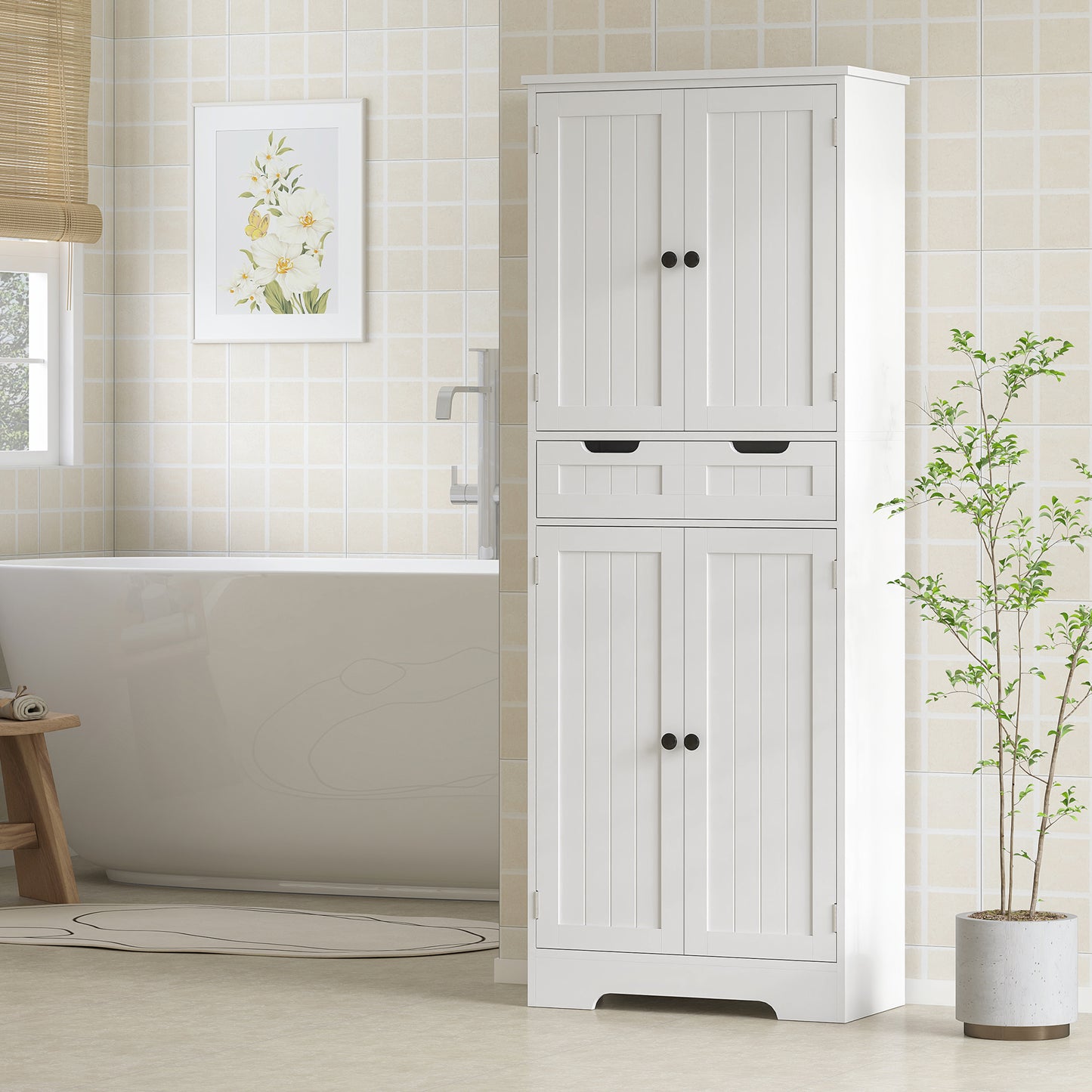 HOMCOM Tall White Bathroom Storage Cabinet With Drawer And Double Cupboards For Bathroom Or Kitchen Pantry And Sideboard