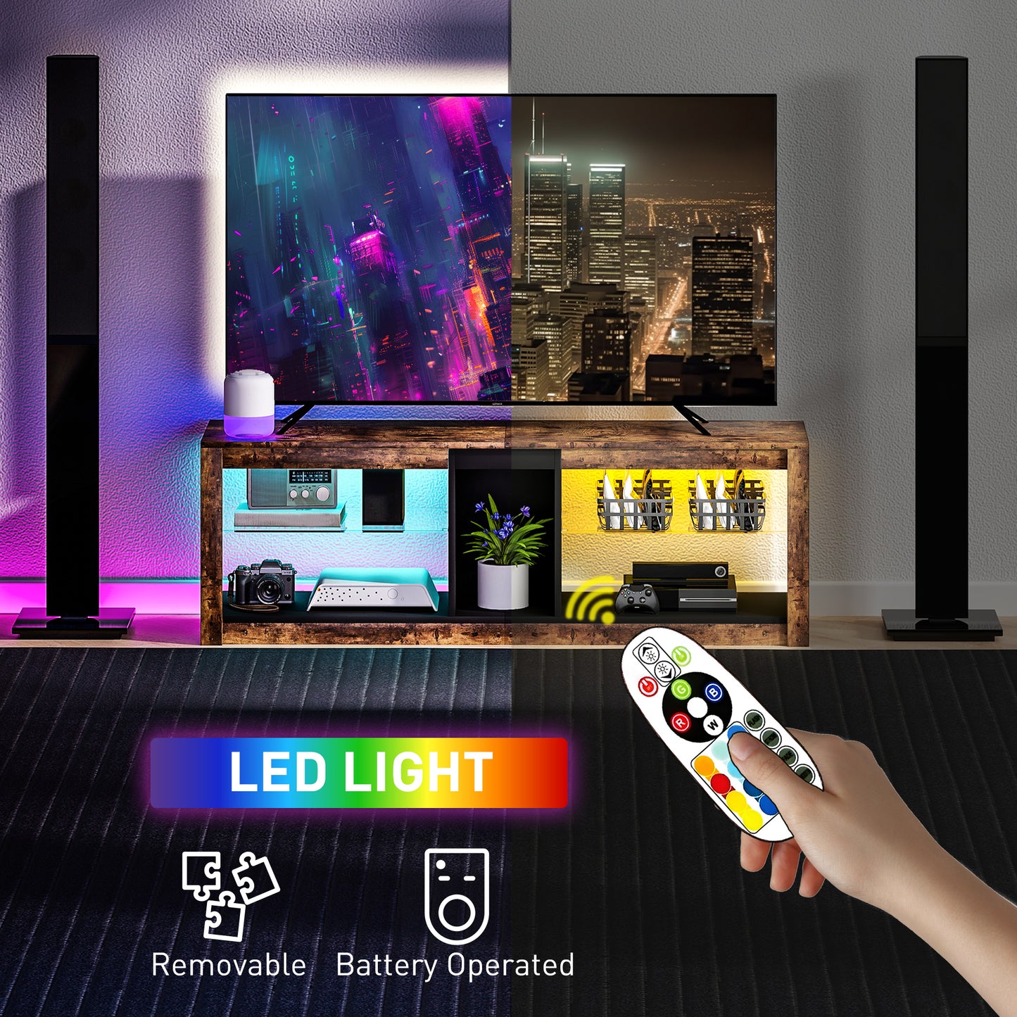HOMCOM TV Stand Cabinet With LED Lights And Remote For 65 Inch TVs Rustic Brown Entertainment Centre