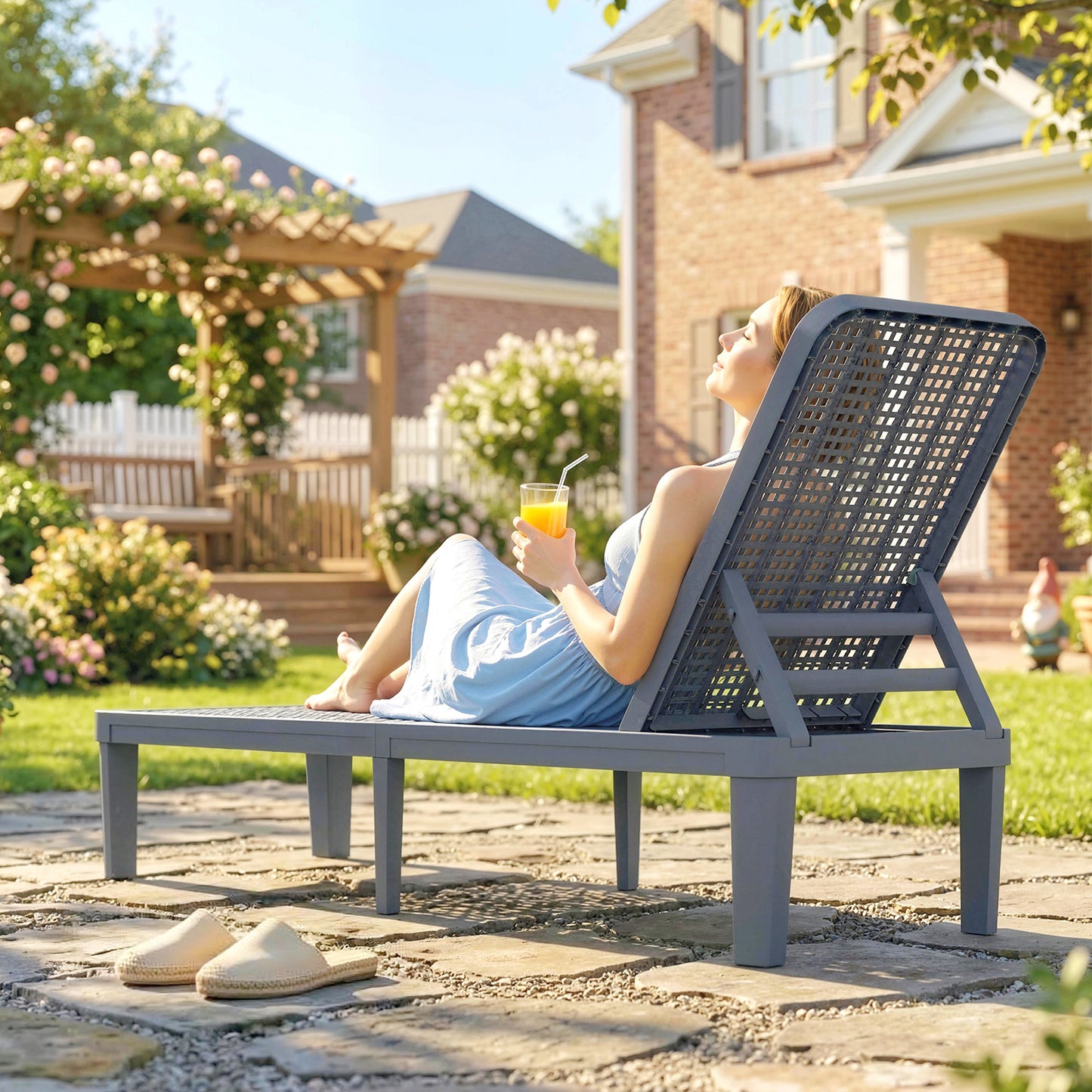 Outsunny Plastic Sun Lounger 4-Position Adjustable Reclining Garden Lounger Sunbed For Patio Beach Terrace Grey