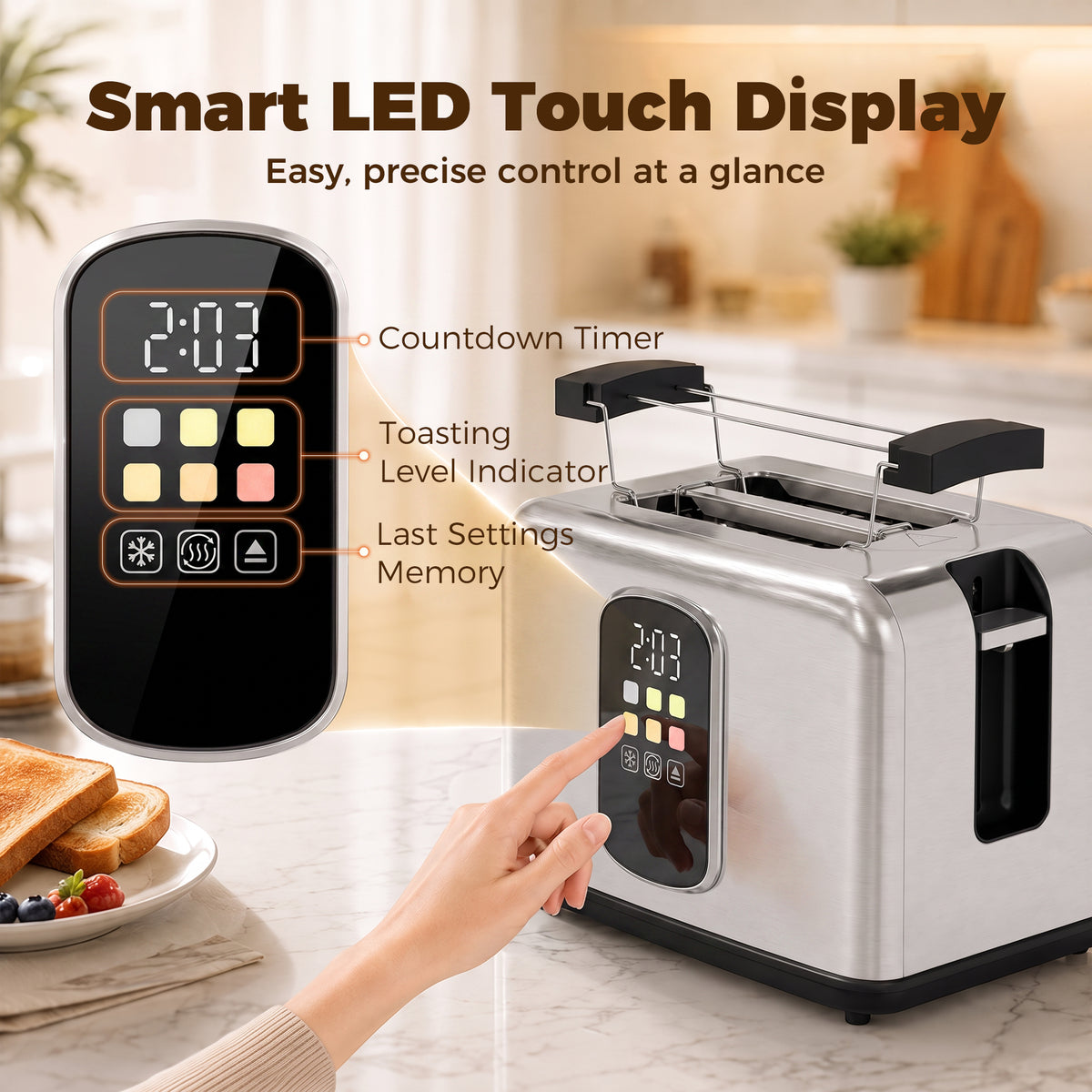 Stainless steel 2-slice toaster with smart LED touch display and pointing hand