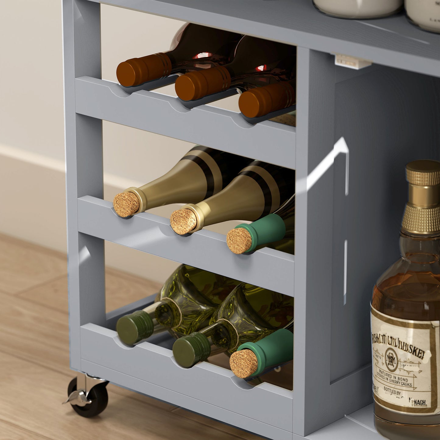 HOMCOM Modern Kitchen Trolley Rolling Island Storage Cart With Drawer 9 Bottle Wine Rack And Door Cabinets Grey