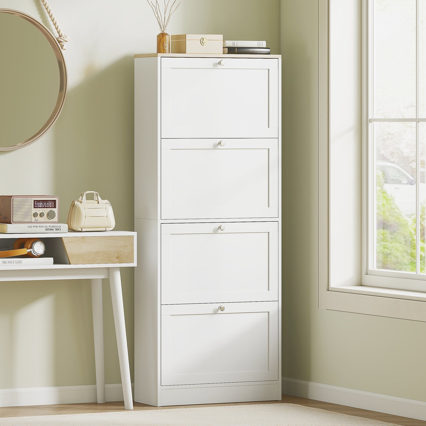 HOMCOM Modern Four Drawer Shoe Storage Cabinet White With Adjustable Shelves Holds 24 Pairs
