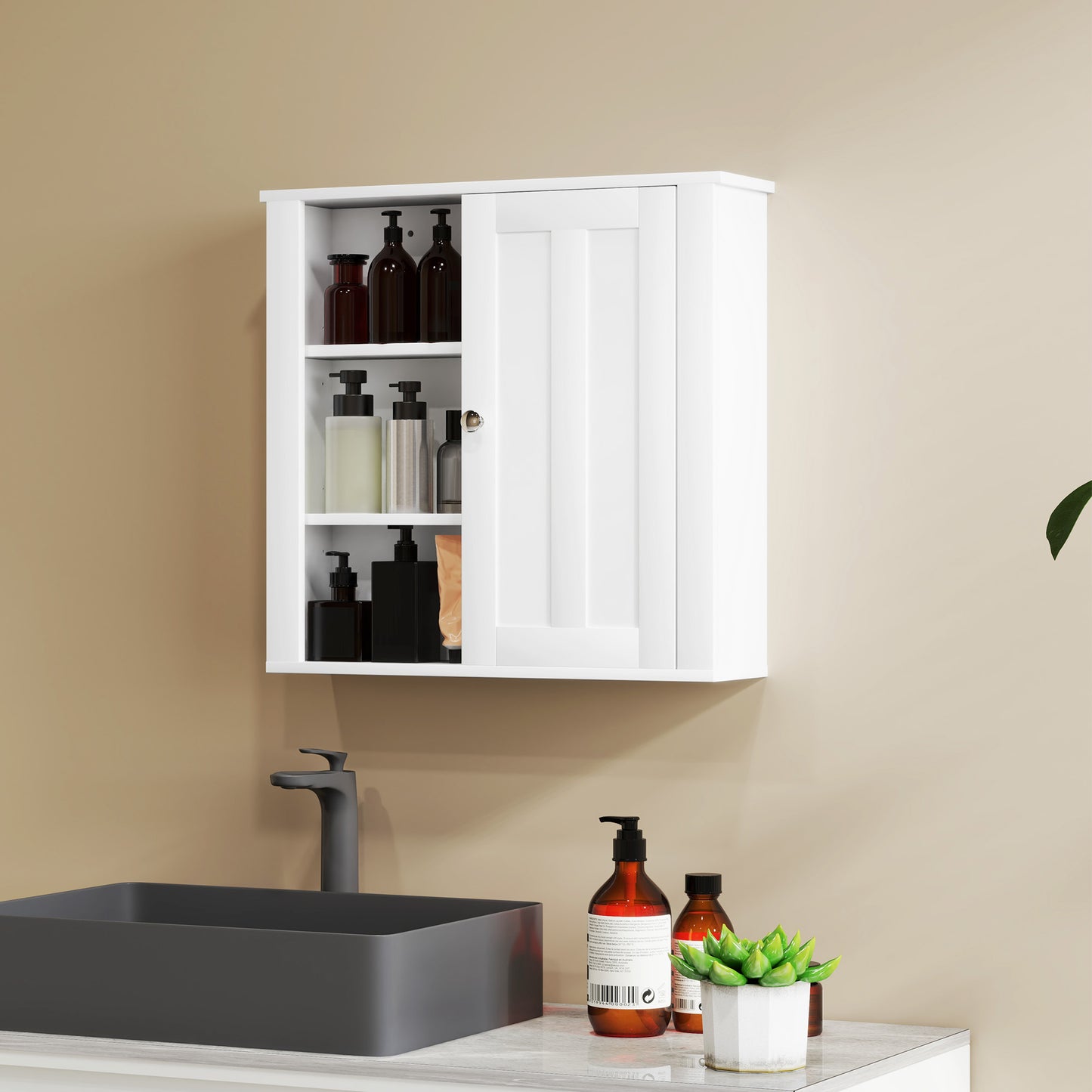 HOMCOM Wall Mounted Bathroom Storage Cabinet White With Two Shelves And Three Open Side Shelves