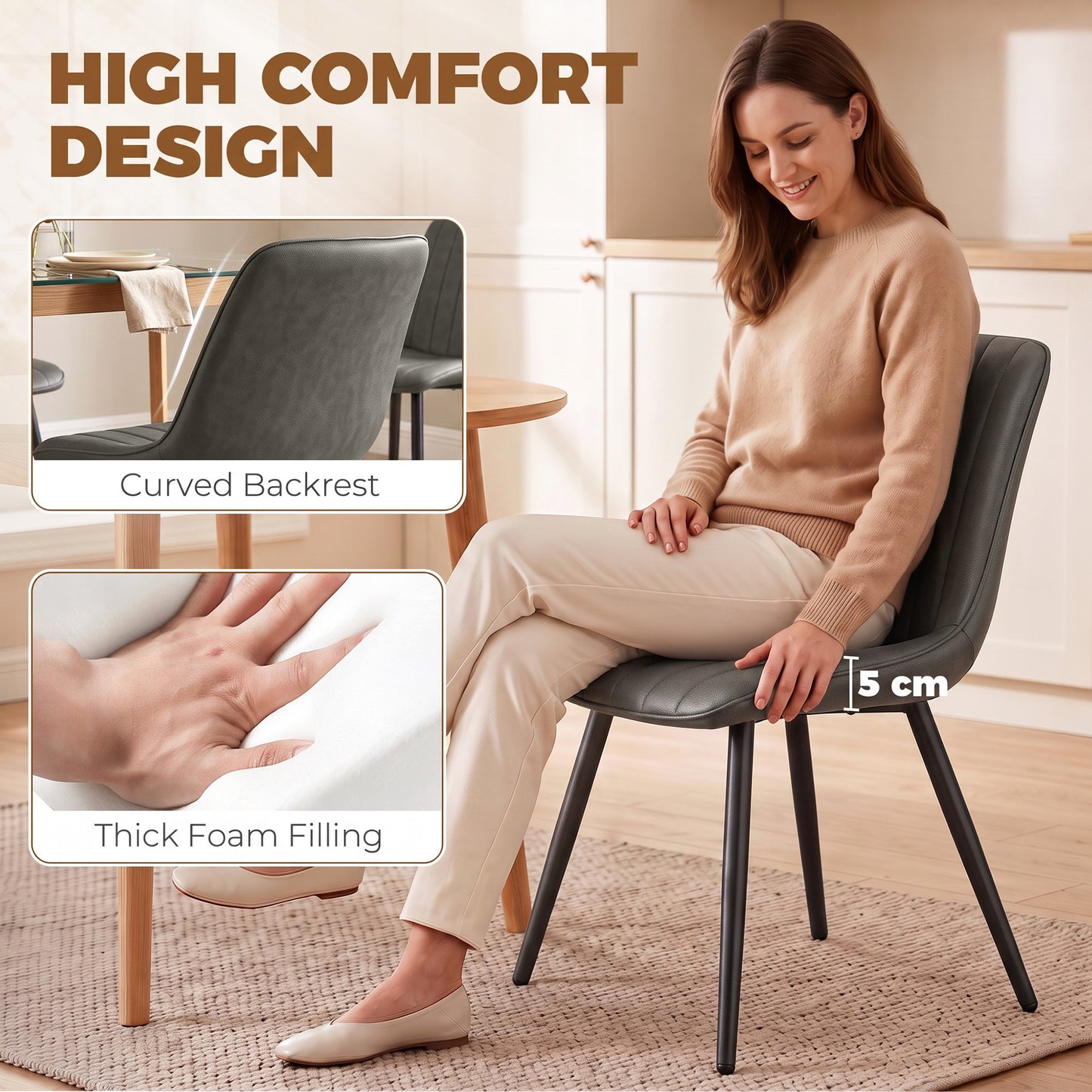 Homcom Faux Leather Dining Chairs Set Of Two With Metal Legs Grey