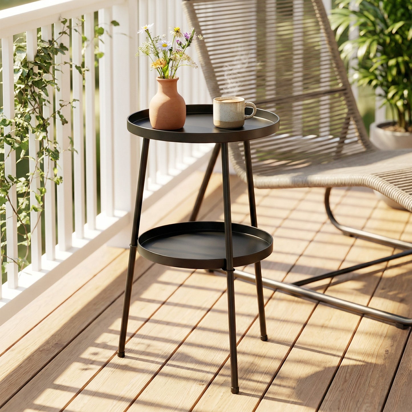 Outsunny 2 Tier Round Patio Side Table With Adjustable Feet For Garden Balcony Living Room Bedroom Black