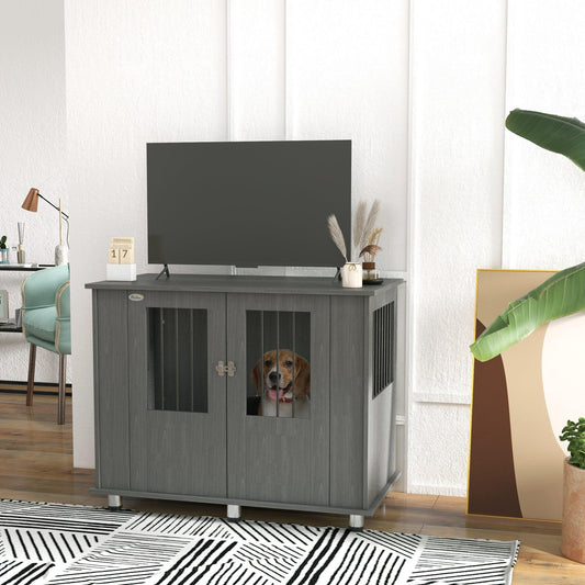 PawHut Dog Crate Table for Medium and Large Dogs - Indoor Use - Magnetic Door - 100 x 55 x 80 cm - Grey - ALL4U RETAILER LTD