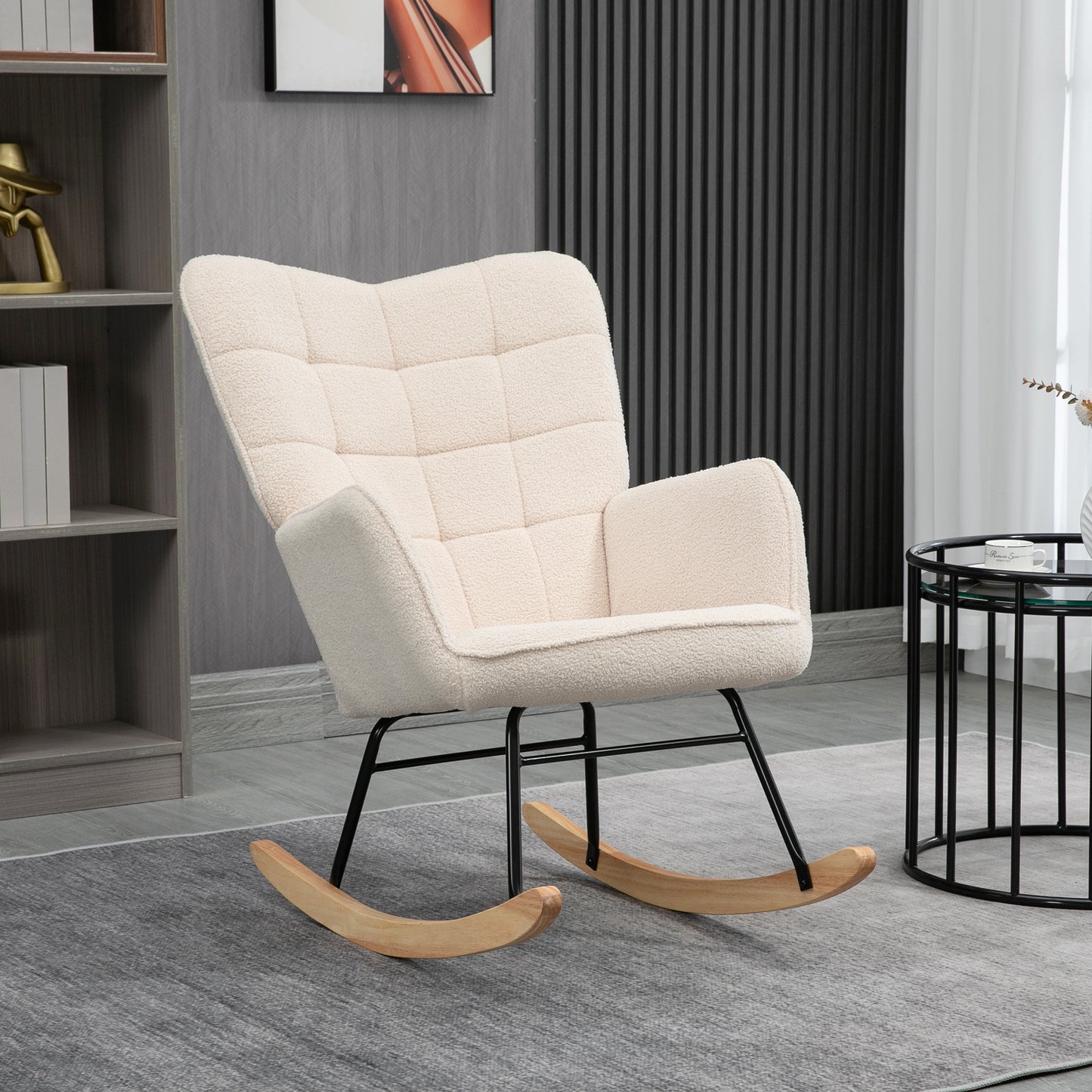 HOMCOM Wingback Rocking Chair for Nursing Berber Fleece Nursery Glider Rocker Modern Armchair Living Room Beige - ALL4U RETAILER LTD