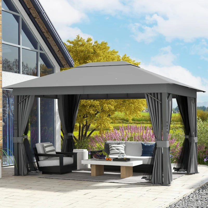 Outsunny 4x3m Patio Gazebo Canopy with Vented Roof, Netting, Curtains, Aluminum Frame - Grey - ALL4U RETAILER LTD