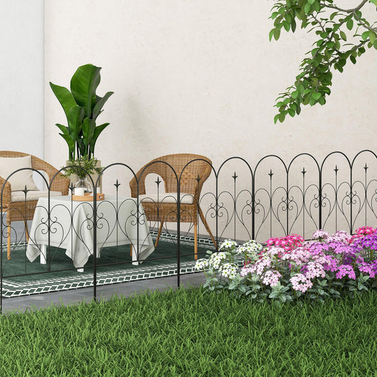 Outsunny Metal Decorative Outdoor Picket Fence Panels Set of 5, Heart-shaped Scrollwork, Black - ALL4U RETAILER LTD