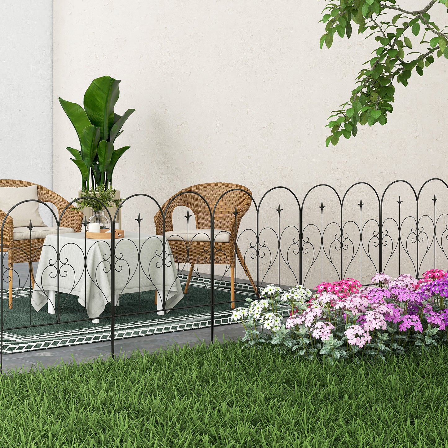 Outsunny Decorative Heart-Shaped Metal Garden Fence Panels - Set of 5, Flexible Outdoor Picket Design, Black - ALL4U RETAILER LTD