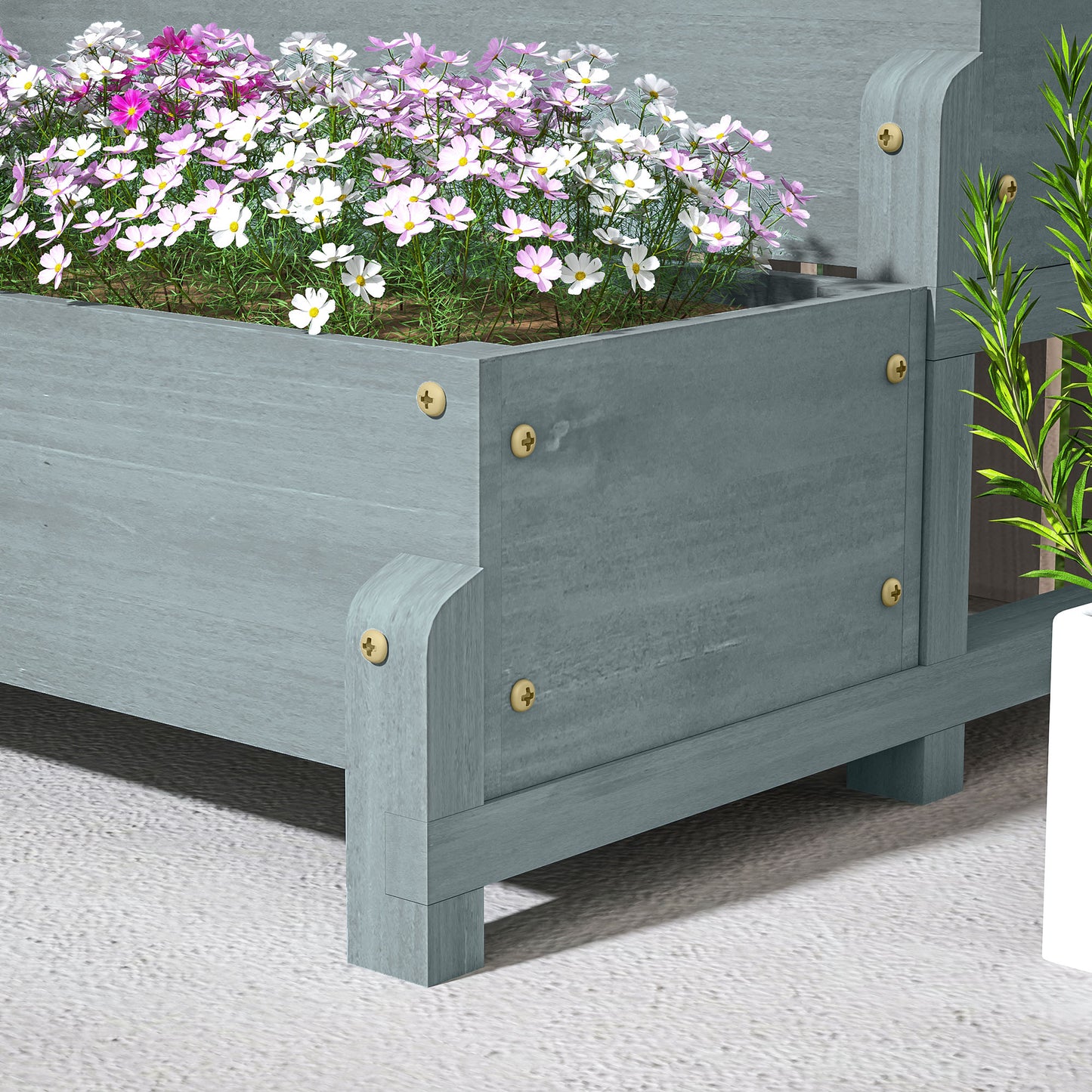Outsunny 2 Tier Raised Garden Bed With Trellis Wooden Planter Box Drainage Holes Garden For Climbing Plants Grey