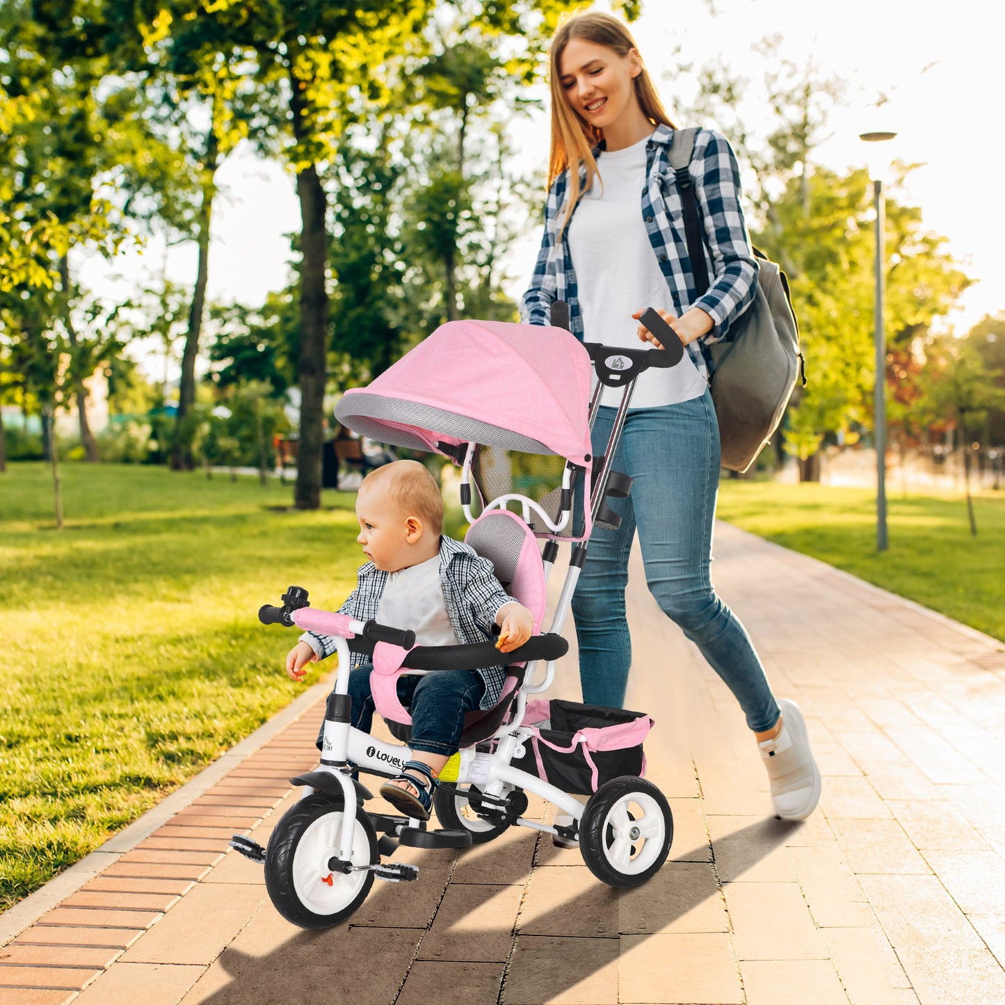 HOMCOM Pink 4-in-1 Convertible Trike with Push Handle, Canopy, Safety Belt, and Storage for Toddlers Ages 1-5 - ALL4U RETAILER LTD