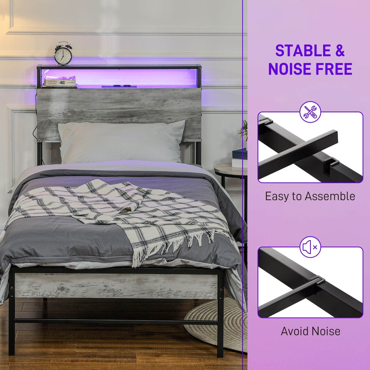 HOMCOM LED-Illuminated Single Steel Bed Frame with Charging Shelf - Grey - ALL4U RETAILER LTD
