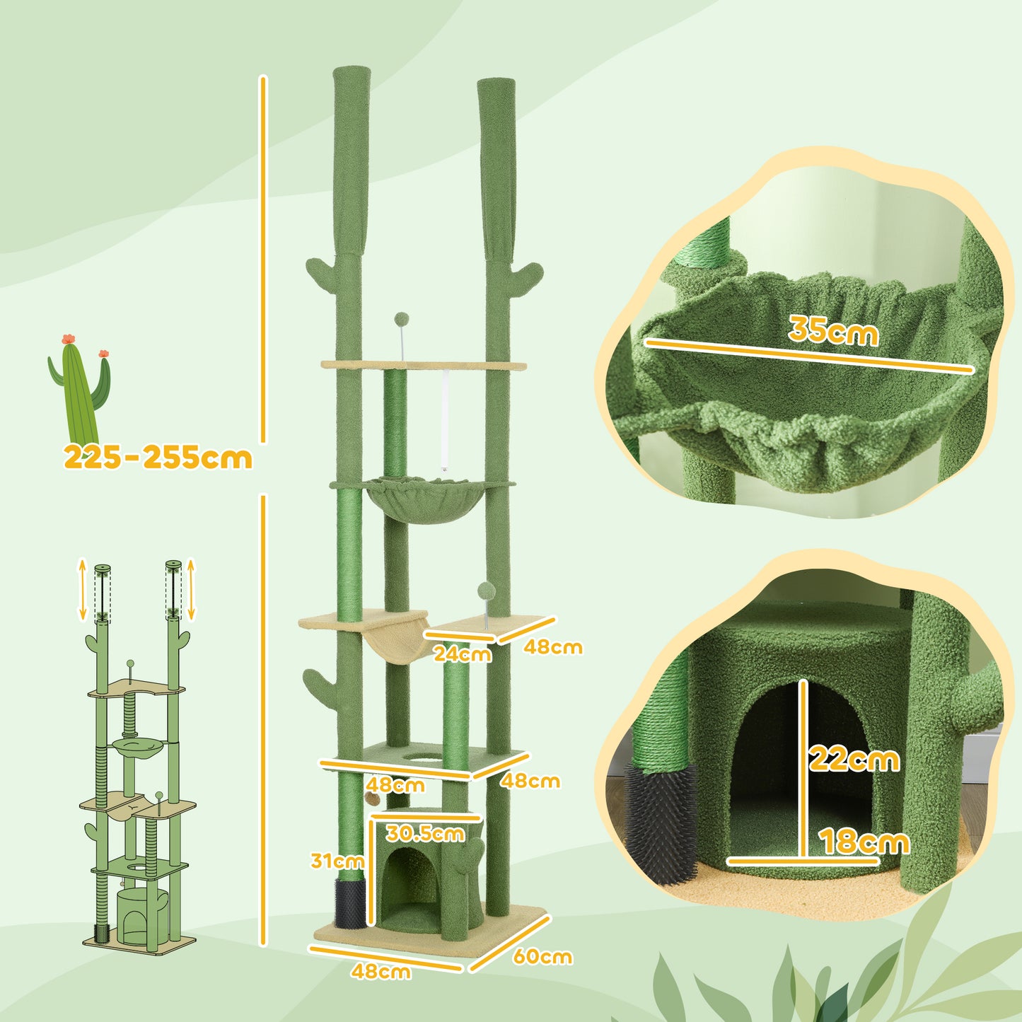 PawHut Adjustable Green Cat Tower: Floor to Ceiling Cat Tree with Hammocks & Scratching Posts for Indoor Use