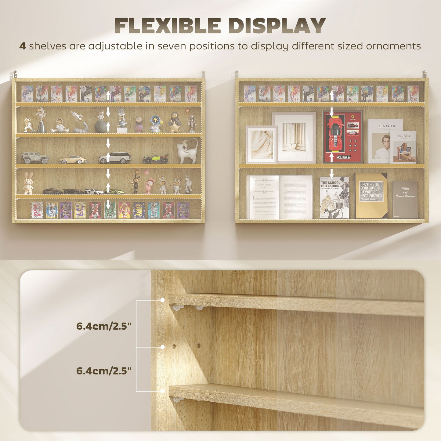 HOMCOM 5 Tier Wall Display Cabinet With Glass Doors 4 Adjustable Shelves Oak Finish 60x80cm Home Office Ornaments