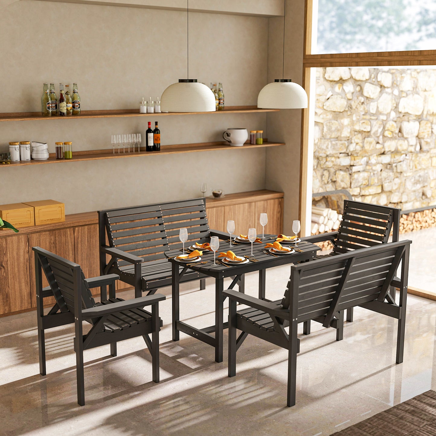 Outsunny 5 Piece Wooden Garden Dining Set For 6 Outdoor Conversation Set With 2 Armchairs 2 Loveseats And Table Grey