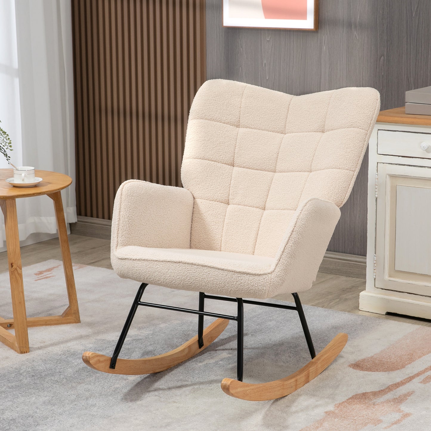 HOMCOM Wingback Rocking Chair for Nursing Berber Fleece Nursery Glider Rocker Modern Armchair Living Room Beige - ALL4U RETAILER LTD