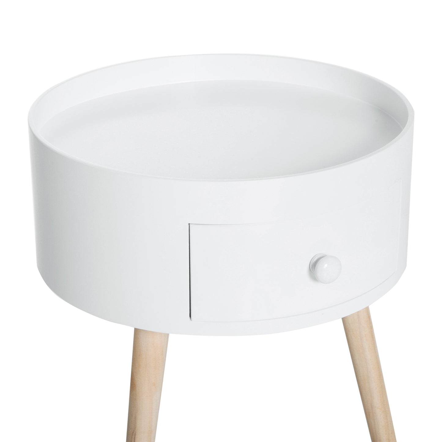 HOMCOM Round End Tables Set Of 2 With Drawer And Wood Legs White Modern Small Coffee Tables For Living Room Bedroom