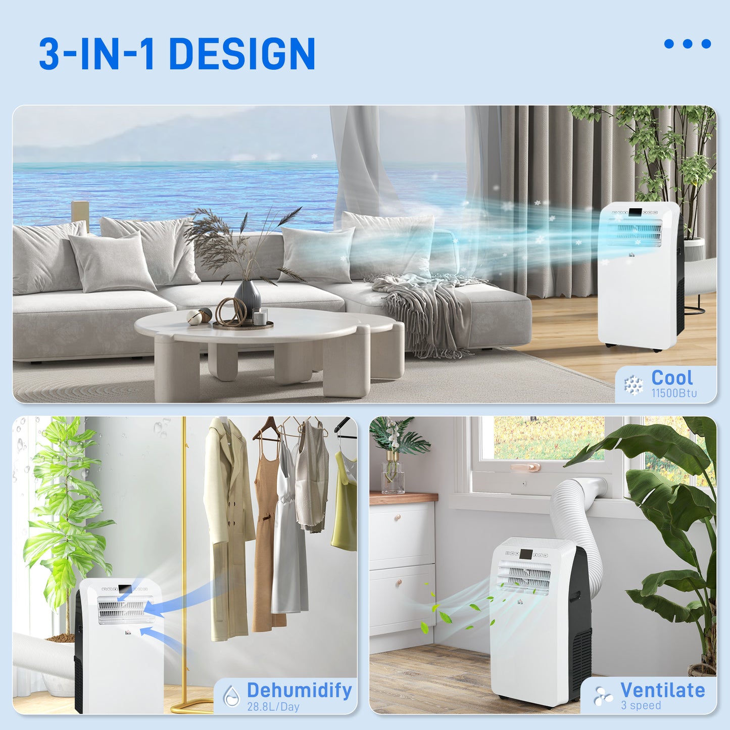 HOMCOM 12000 BTU 3-in-1 Portable Air Conditioner with Dehumidifier, Cooling Fan, Remote Control, and LED Display for Spaces up to 28m² - ALL4U RETAILER LTD