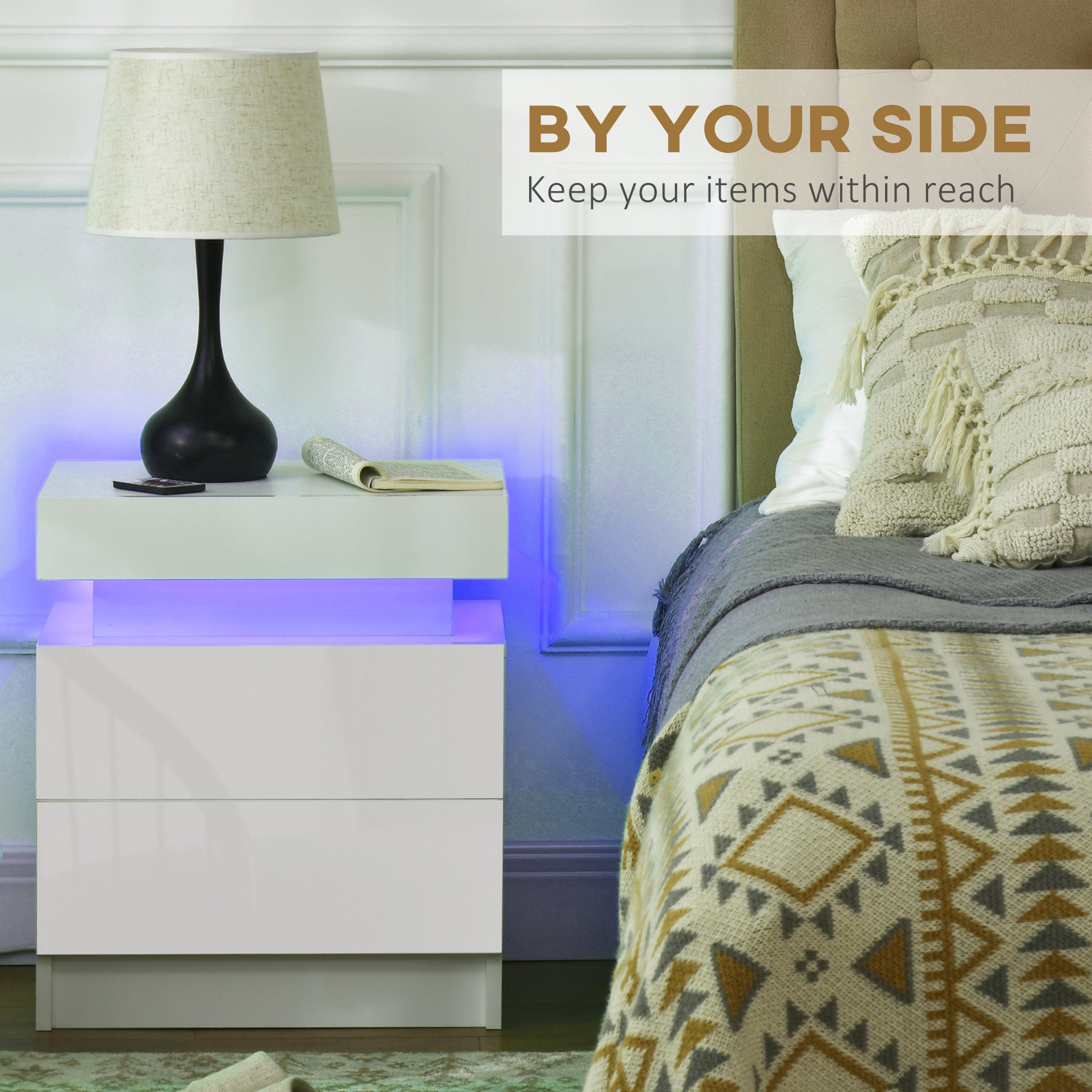 HOMCOM Modern LED-Illuminated White Nightstand with Dual Drawers - Stylish High Gloss Bedside Table for Bedroom & Living Room - ALL4U RETAILER LTD