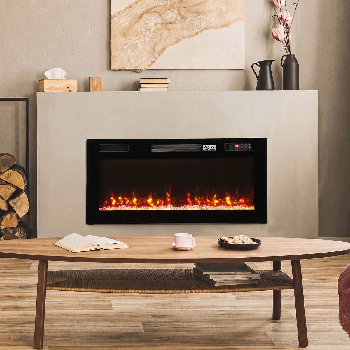 Electric fireplace set into a white surround with glowing flame window