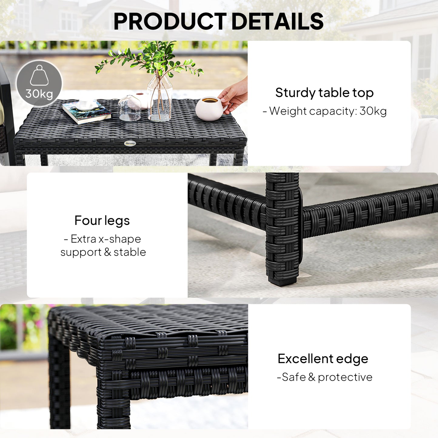 Outsunny Outdoor Coffee Table With Rectangular Frame And Rattan Tabletop Black Patio Side Table For Balcony