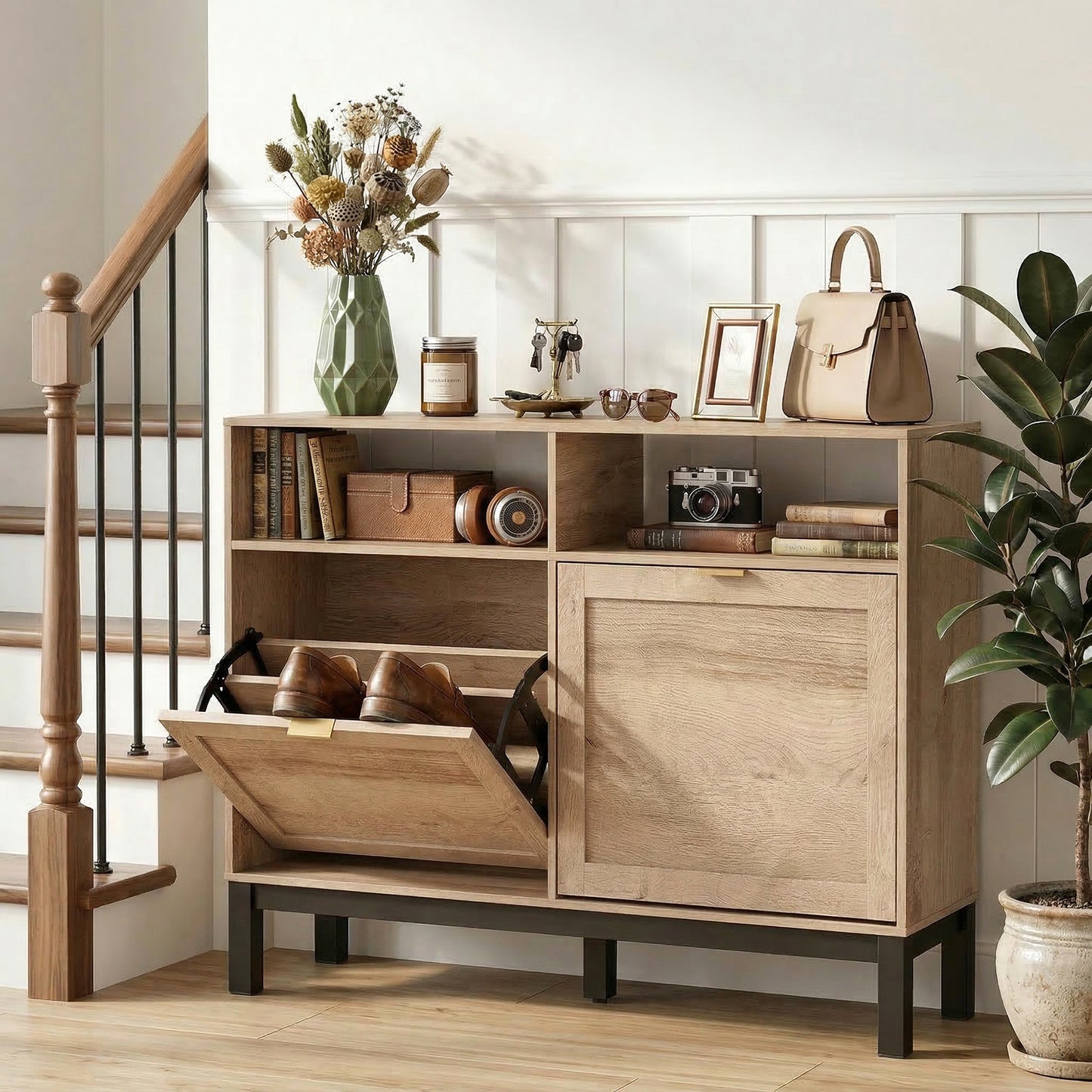 HOMCOM Walnut Brown Shoe Cabinet With 2 Flip Down Drawers Narrow Entryway Hallway Shoe Storage