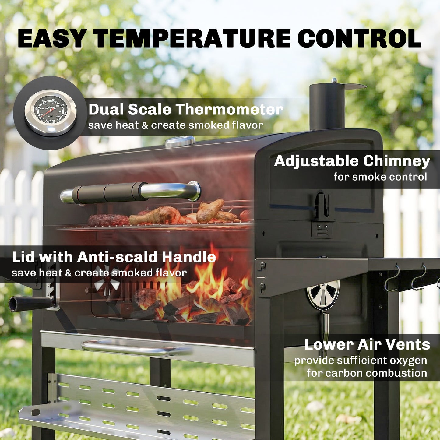 Outsunny Charcoal BBQ Grill Smoker With Electric Rotisserie Kit Portable Barbecue Grill Warming Rack Black